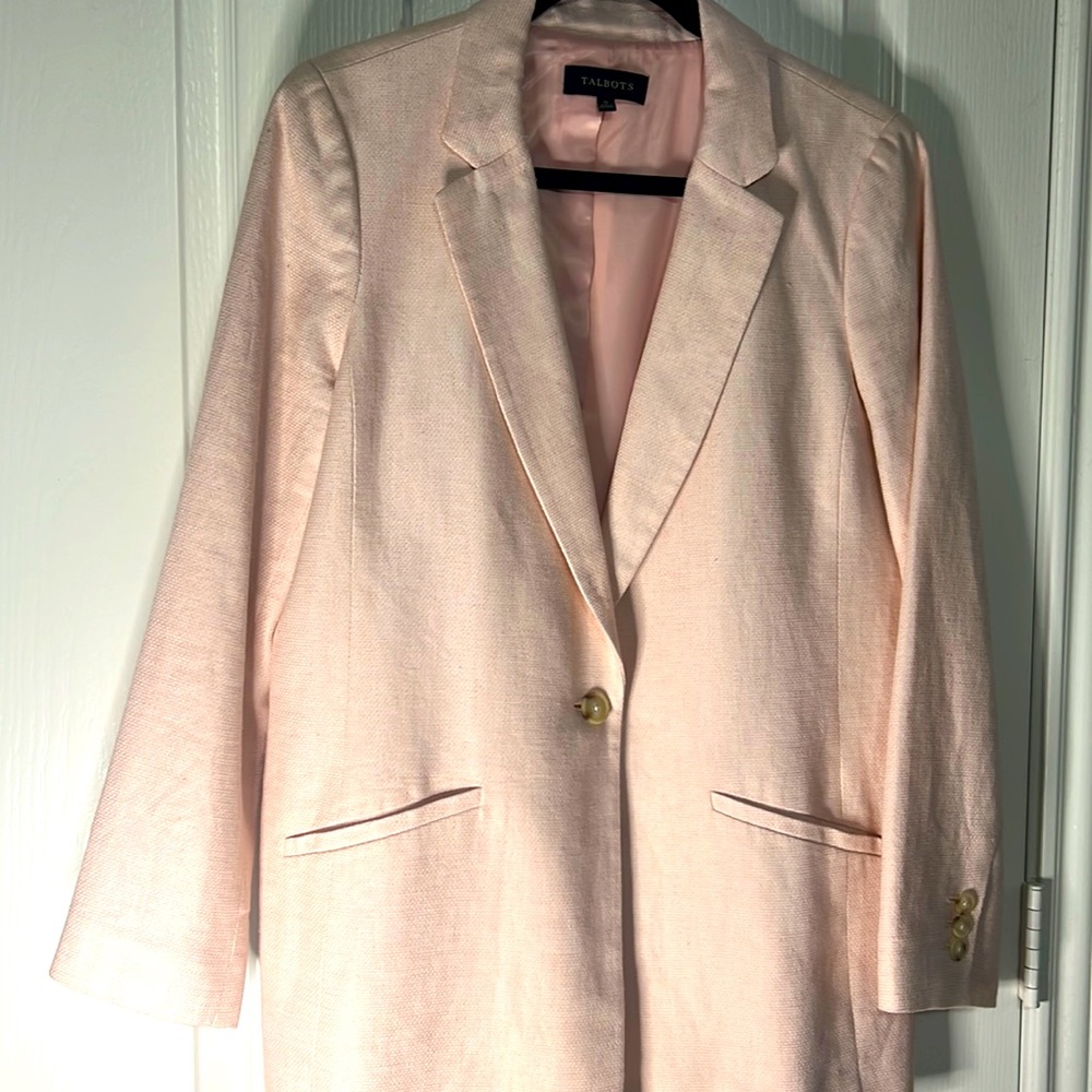 NWOT-pink Talbots linen blazer, size 12.  Tan buttons one button closure.